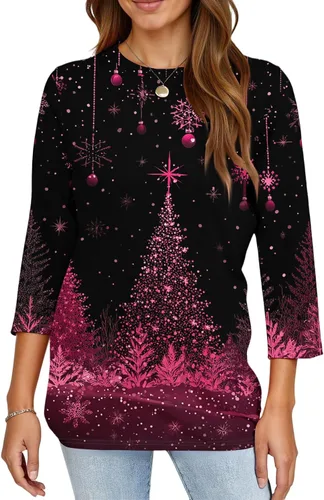Miniatura 123 de Camisetas de manga 3/4 para mujer, cuello redondo, holgadas, casuales, con estampado floral, camisetas de moda para el trabajo de negocios