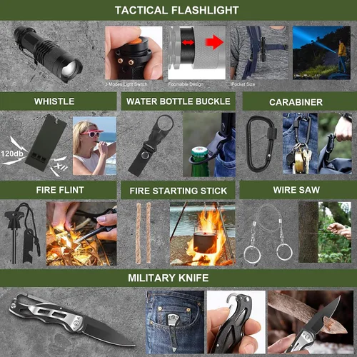 Miniatura 6 de Regalos para hombres Navidad papá, kit de supervivencia, 150 piezas de equipo de supervivencia y suministros con bolsa de trauma, kit de emergencia
