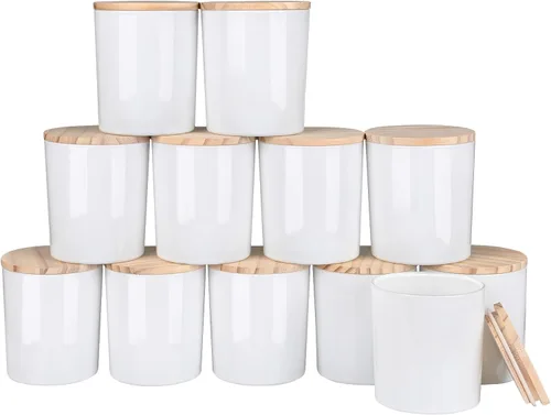 Miniatura 43 de SHOWIN Tarros de vela gruesos de 14 OZ para hacer velas 12 Piezas, tarros vacíos de 3 mechas con tapas de madera para hacer velas, recipiente