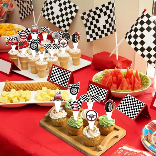 Miniatura 3 de 48 paquetes de toppers y envolturas de cupcakes de coche de carreras, decoración de pastel de fiesta de carreras con temática de carreras y cuadros