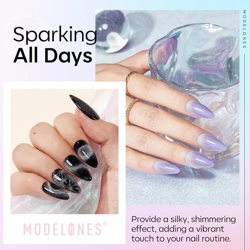 Miniatura 4 de Modelones Esmalte de uñas de gel ojo de gato arco iris con lentejuelas plateadas holográficas, esmalte de uñas de gel 9D con barra magnética, apto