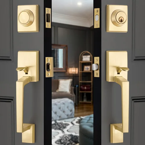 Miniatura 29 de EHOMEWARE Juego de manijas de puerta delantera doradas, palanca de puerta cuadrada resistente de latón y cerrojo de un solo cilindro reversible