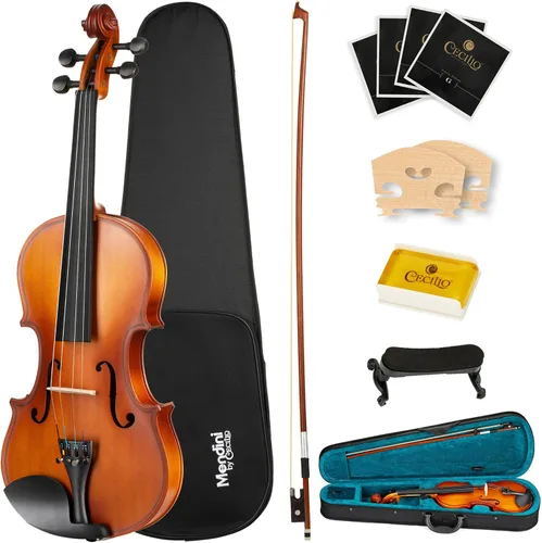Mendini 1/2 MV Violín de madera maciza con estuche rígido, soporte para los hombros, arco, colofonia y cuerdas adicionales