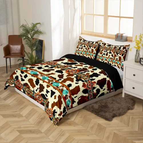 Miniatura 6 de Erosebridal Funda de edredón de piel de vaca marrón con estampado de vaca de las tierras altas, juego de ropa de cama occidental exótico azteca