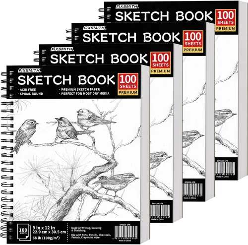 FIXSMITH Cuaderno de bocetos de 9 x 12 pulgadas, 400 hojas (68 libras/3.53 oz/m²), paquete de 4 (100 hojas cada uno), papel de dibujo sin ácidos,