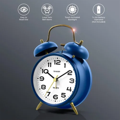 Miniatura 2 de Sharp Reloj despertador de doble campana, alarma fuerte, ideal para durmientes pesados, analógico de cuarzo a pilas (plata cepillada)