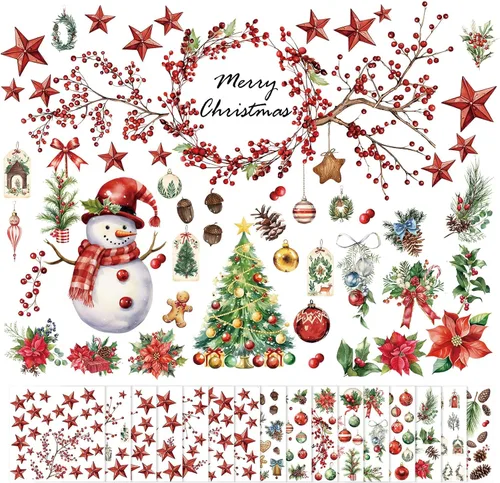 SATINIOR 16 hojas de calcomanías de Navidad para manualidades y muebles, calcomanías de árbol de Navidad, muñeco de nieve, bayas rojas, calcomanías