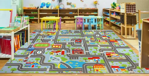Miniatura 12 de Capslpad Alfombra Azul de Coche y Carretera para Niños, Alfombra de Juego para Sala de Juegos, Alfombra Antideslizante Lavable con Mapa de la Ciudad