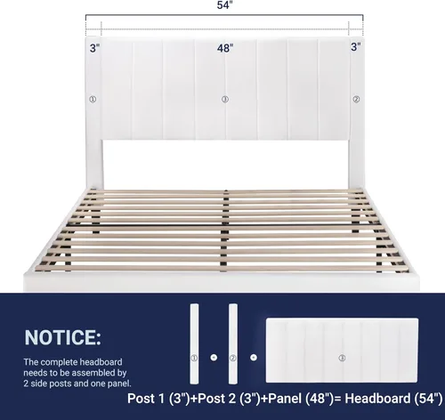Miniatura 6 de Allewie - Base de cama tamaño Full con cabecera acolchada tapizada en terciopelo y diseño acanalado vertical; plataforma de cama con resistentes
