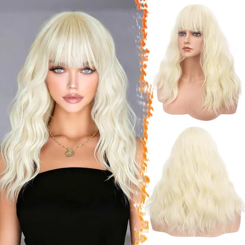 Miniatura 11 de BARSDAR Peluca rubia corta ondulada con flequillo, pelucas cortas onduladas de 14 pulgadas para mujer, pelucas sintéticas suaves hasta el hombro