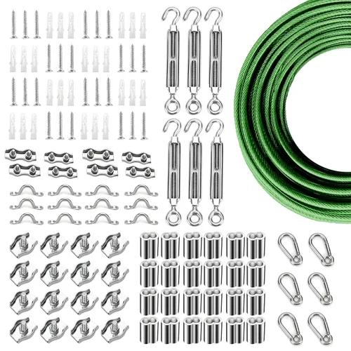 Miniatura 21 de Kit de suspensión de luces de cuerda de globo, cable guía de luz para exteriores, cable de acero inoxidable recubierto de vinilo, incluye 50 pies