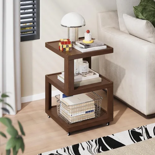 Miniatura 19 de ZIYOO Mesa auxiliar móvil de madera maciza de 3 niveles con ruedas, mesita de noche de madera, organizador de almacenamiento de diseño flotante