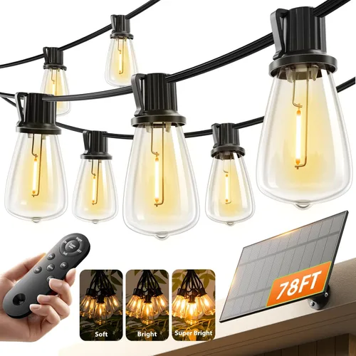 KYY Luces de Cadena Solares de 78 Pies (72+6) para Exteriores con Puerto USB Control Remoto, LED Impermeables Alimentadas por Energía Solar para