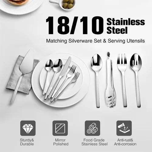 Miniatura 3 de KINGSTONE Juego de cubiertos con utensilios para servir, cubiertos de 65 piezas para 12, 18/10 cubiertos con juego de utensilios de servicio de 5