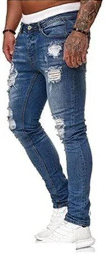 Miniatura 2 de HUNGSON Men's Blue Slim Fit Jeans Stretch Destroyed Ripped Skinny Jeans Side Striped Denim Pants
