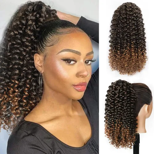 Halcyon Extensión de cola de caballo rizada para mujeres negras, extensiones de cabello rizado con cordón, mezcla de color marrón T1B/30.