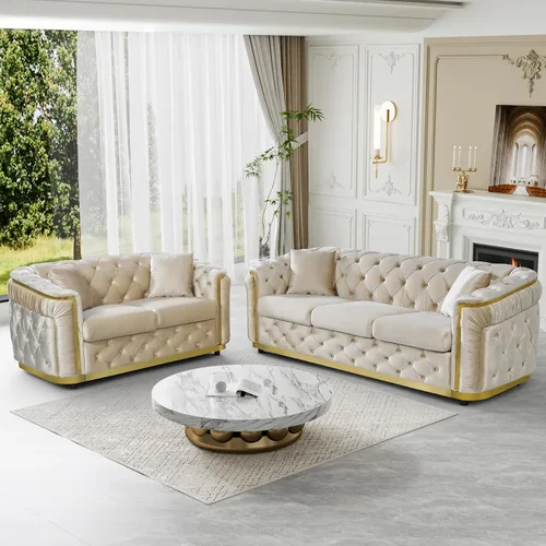 DAMAIFROM Juego de sofá de terciopelo de lujo beige y dorado, moderno de mediados de siglo, sofás Chesterfield copetudos y patas doradas, juego de 2