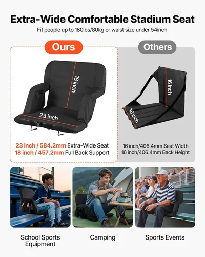 Miniatura 3 de VEVOR Stadium Seat, 6 Adjustable Angle Wide Bleacher Chair, 2.9'' Cushion Padded Stadium Seat with Armrest and Back Support, Stadiums Chair with