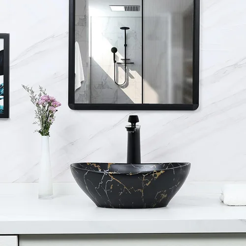 Miniatura 4 de Davivy Fregadero ovalado negro mate de 16 x 13.2 pulgadas con drenaje desplegable, fregaderos de baño, lavabos de baño sobre encimera, fregadero