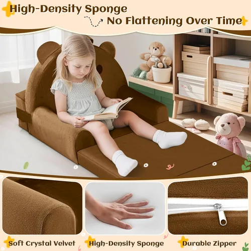 Miniatura 7 de Sofá cama para niños con funda extraíble lavable y respaldo de cinta mágica - Silla plegable para niños pequeños, cómodos muebles de terciopelo