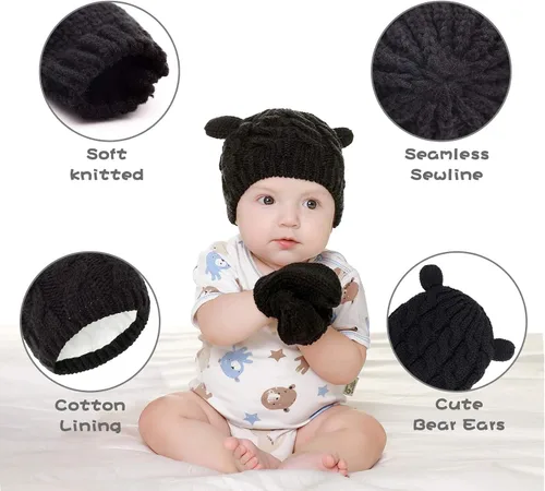 Miniatura 4 de RAOEXI Conjunto de gorro y mitones unisex para bebé y niño pequeño, gorro de punto grueso y cálido de invierno con guantes para bebés, niños y niñas