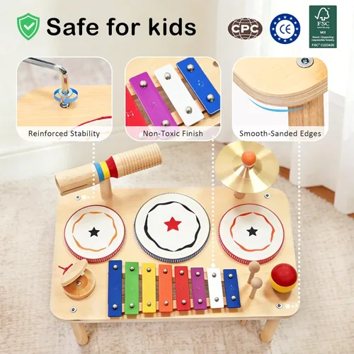 Miniatura 4 de WINGYZ Juego de batería para bebé, instrumentos musicales de madera 9 en 1 para niños pequeños de 1 a 3 años, juguetes de música Montessori