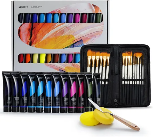 ARTIFY - Juego de pintura acrílica de 24 colores, 24 colores con 15 pinceles sintéticos, incluye esponja, paleta y cuchillo para principiantes