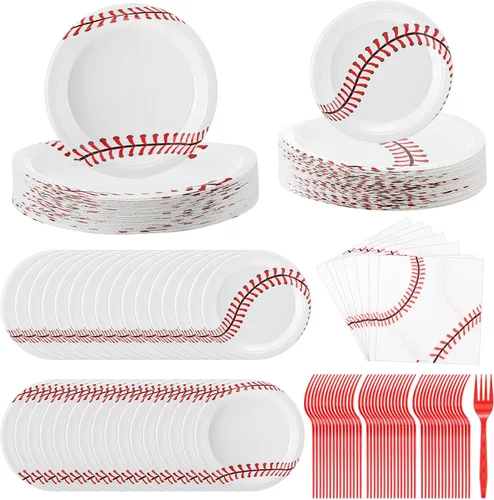 Zhehao Juego de 192 platos y servilletas de papel de béisbol, suministros de fiesta de béisbol, platos de papel desechables de 7 pulgadas y 9