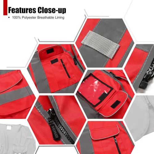 Miniatura 4 de Chalecos de seguridad retroreflectantes Clase 2 con 9 bolsillos y cremallera frontal ANSI/ISEA 107-2015 (rojo-3, 3XL)
