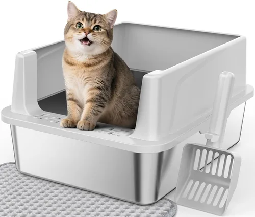 FURTIME Caja de arena de acero inoxidable para gatos con tapa, caja de arena de metal para gatos pequeños, cajas de arena para gatitos con pala y
