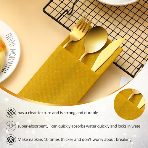 Miniatura 4 de Cindeer 75 piezas de servilletas doradas de lino con sensación de cena, con bolsillo plano incorporado para cubiertos, preplegadas, servilletas