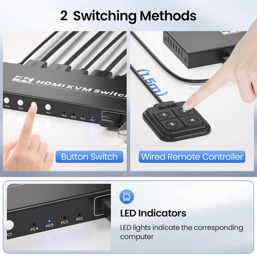 Miniatura 3 de Conmutador KVM HDMI 4K a 60Hz 1 Monitores 4 Computadoras, USB 3.0 4 Puertos HDMI KVM Switch para 4 Computadoras Compartir 1 Juego de Teclado, Ratón