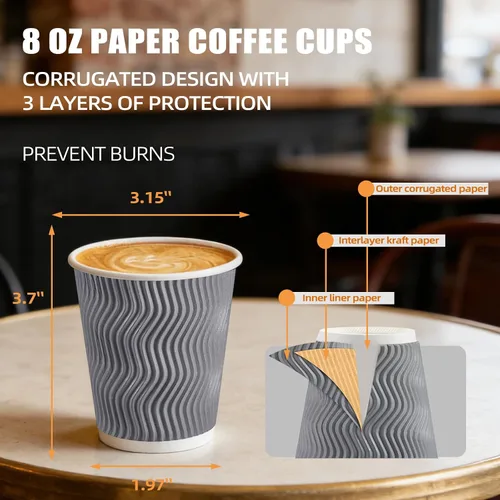 Miniatura 3 de BYSNOW Paquete de 100 tazas de café de 8 onzas con tapas, tazas de café aisladas desechables para llevar, tazas de café de papel onduladas