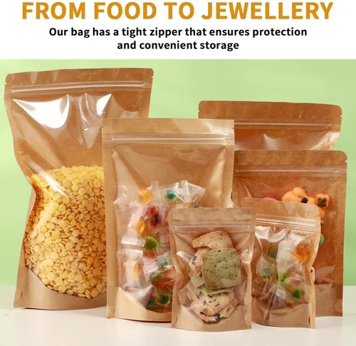 Miniatura 6 de Paquete de 150 bolsas de papel kraft con ventana de 8x12, bolsas de Mylar grandes con cierre y base para almacenamiento de alimentos, bolsa