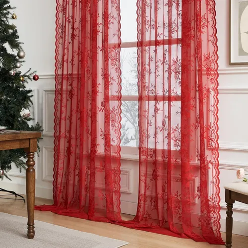 Miniatura 33 de SEEKRIGHT - 2 paneles de cortinas traslúcidas de encaje negro, cortinas góticas florales, cortinas victorianas con bolsillo para cortinero