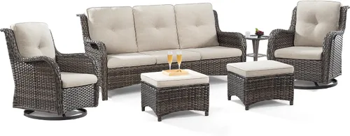 Miniatura 46 de Juego de 2 sillas de patio giratorias de 360 grados para exteriores y mesa auxiliar a juego – 3 sillas deslizantes de mimbre para patio con cojines