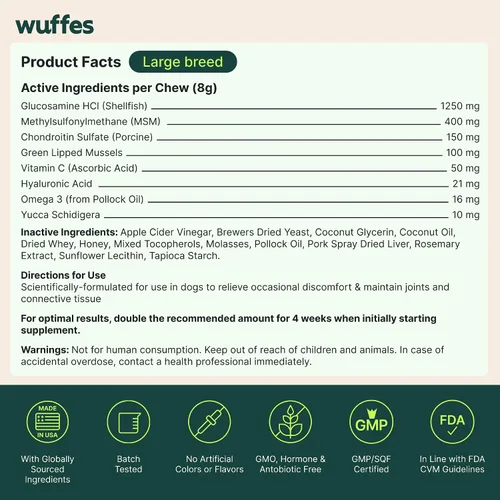 Miniatura 10 de Wuffes Suplemento avanzado para cadera y articulaciones de perro con glucosamina, condroitina, omega 3, MSM y mejillón de labios verdes