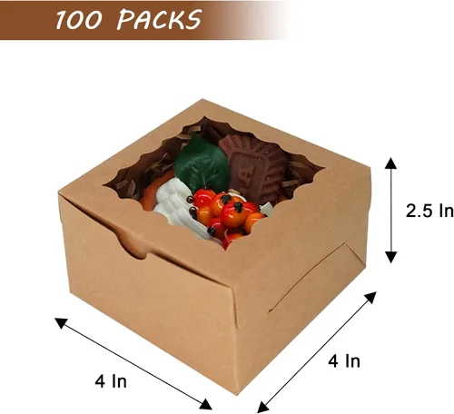 Miniatura 3 de XINHPKGG 100 cajas de galletas de 4 x 4 x 2.5 pulgadas, cajas de panadería con ventana, caja de postre para recuerdos de boda, fiesta, color marrón