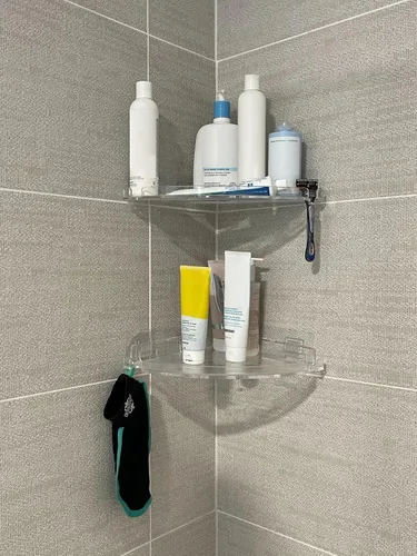 Miniatura 4 de JiePai Estante esquinero de acrílico para ducha con ganchos, paquete de 2, organizador adhesivo de ducha de baño montado en la pared