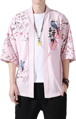 Miniatura 9 de PRIJOUHE Chaqueta Kimono Ligera para Hombre de Manga Tres Cuartos con Frente Abierto Cárdigan Estilo Japonés