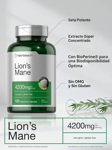 Miniatura 4 de Horbäach extracto de hongo melena de león 4200mg 120 cápsulas suplemento vegetariano, no transgénico, sin gluten