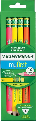 Ticonderoga My First Tri-Write - Lápices de madera, preafilados, 2 HB, con borradores, colores neón, 12 unidades