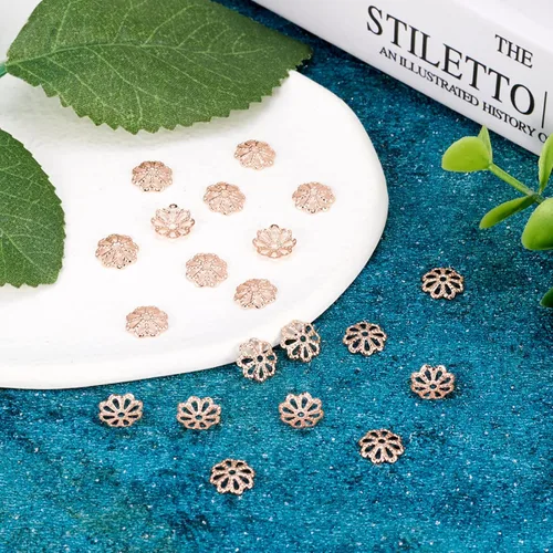 Miniatura 7 de 20 tapas de flores huecas de latón con cuentas de oro rosa de 0.315 pulgadas (0.315 in), espaciador de cuentas sueltas para pendientes, pulseras