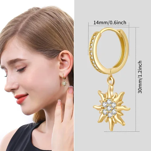 Miniatura 3 de Pendientes de sol dorados para mujer, aretes colgantes para niña, aretes de circonita cúbica, Plata Cobre Circonita cúbica, No es una piedra preciosa