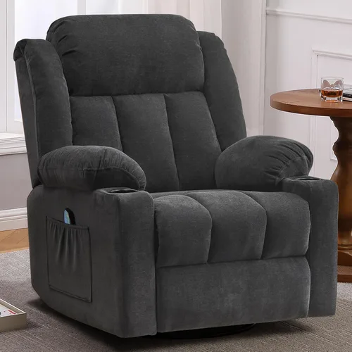 Ketaiyou Rocker - Silla reclinable giratoria para adultos, deslizador reclinable manual grande con masaje y calor, cómoda y suave tela para sala de