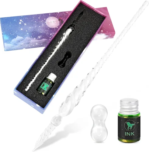 Miniatura 10 de Luxiv Juego de Plumas de Tinta de Vidrio, Pluma de Inmersión de Vidrio con Tinta Fluorescente y Soporte para Pluma, Plumas de Vidrio de Cristal