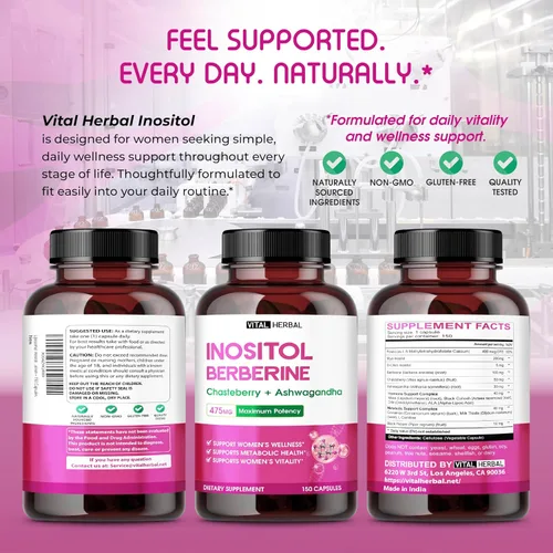 Miniatura 9 de Inositol liposomal con berberina, chasteberry y ashwagandha - Apoya el bienestar de las mujeres, el equilibrio hormonal y el metabolismo - 150