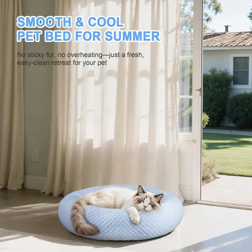 Miniatura 2 de Cama pequeña en forma de dona para perros, refrescante y calmante para gatos y cachorros, cama redonda de tela de hielo antiansiedad para mascotas