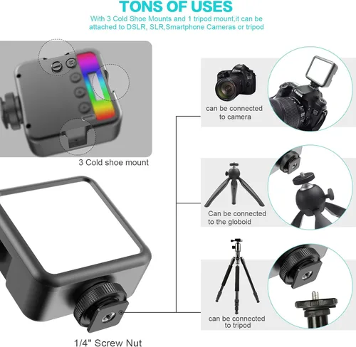 Miniatura 6 de Altson Luz de video LED RGB magnética Luz de cámara LED 360° a todo color Iluminación de fotografía portátil con 3 zapata fría, 2000mAh CRI