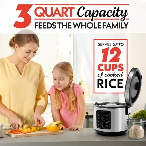 Miniatura 5 de Arrocera Gourmia – Capacidad de 3 Qt, 12 tazas cocidas, 6 tazas sin cocinar, controles digitales, cocedor de granos y vaporera, cesta de vapor